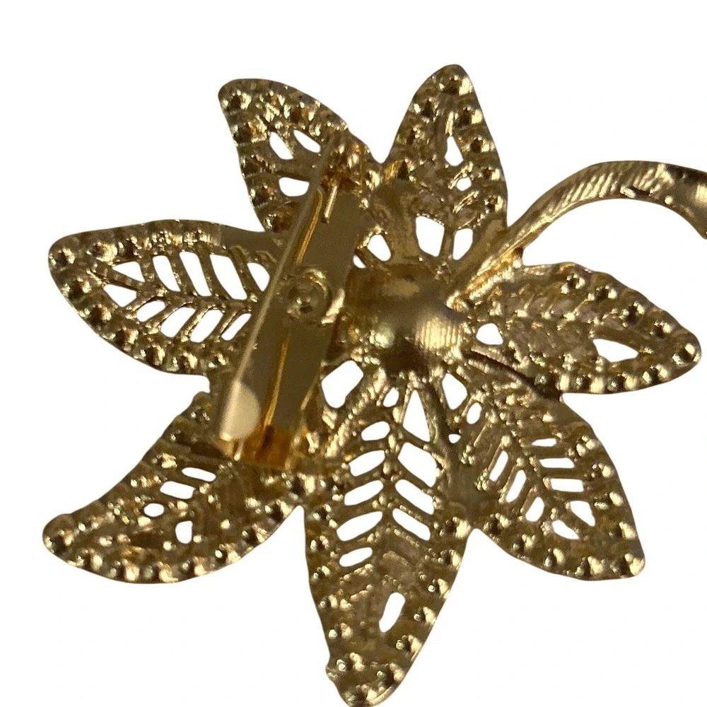 Gold Tone Leaf Brooch Faux Pearl Rhinestone‎ Filigree Floral Pin Vintage Style